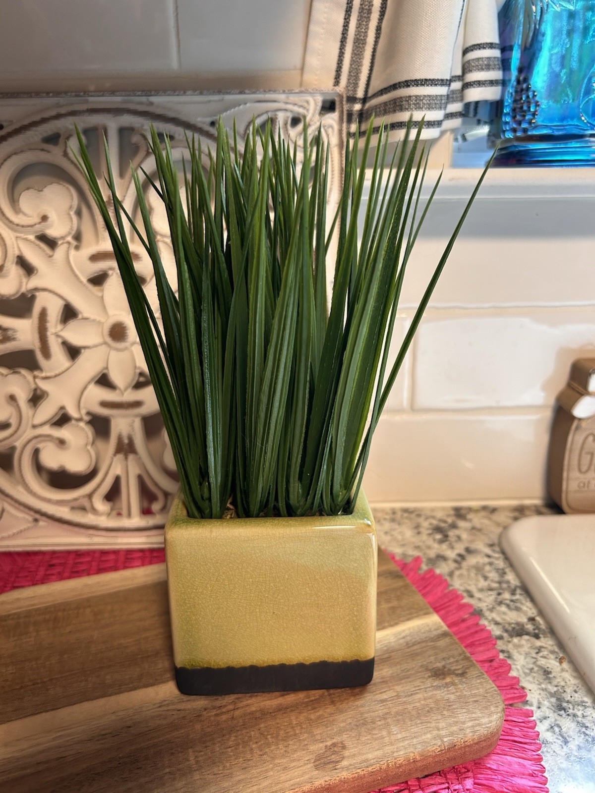 Faux Grass Houseplant, Square Ceramic Planter Pot 9 3/4” tall