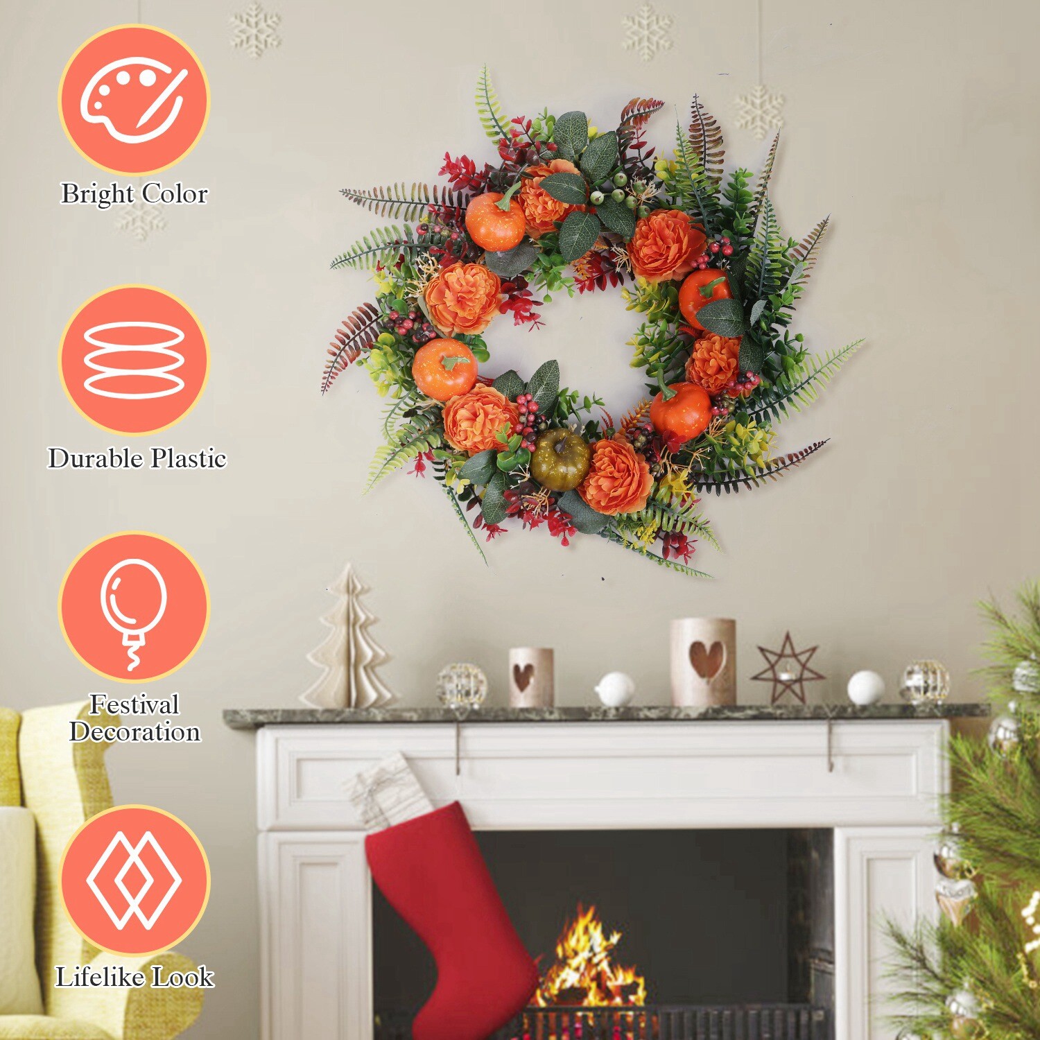 17″Autumn Wreath & Pumpkin Mixed Leaves Berries Flowers Fall Home Party Flowers