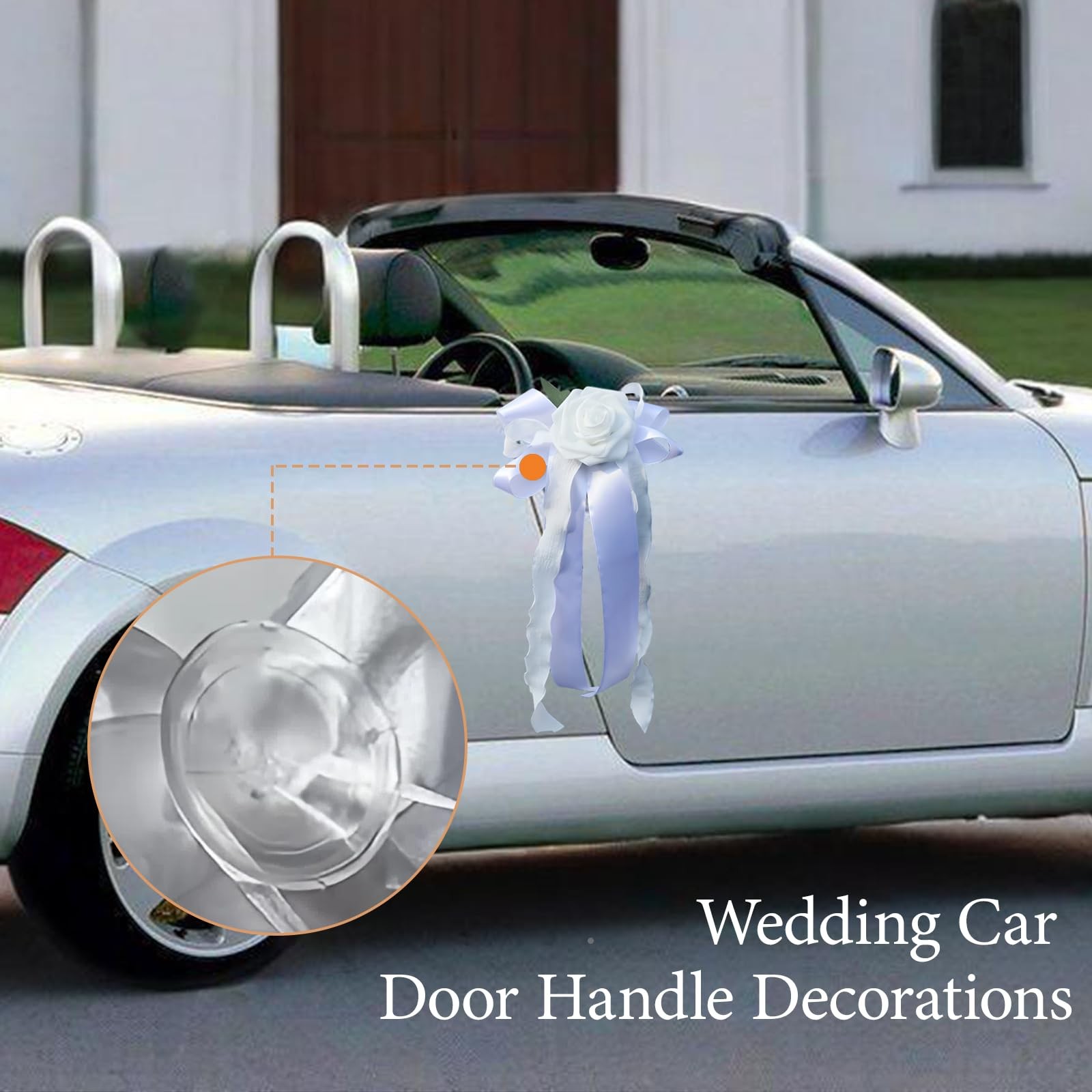 White Artificial Flower Bow, Ribbon, Wedding Car Decor, Door Handle, Rearview