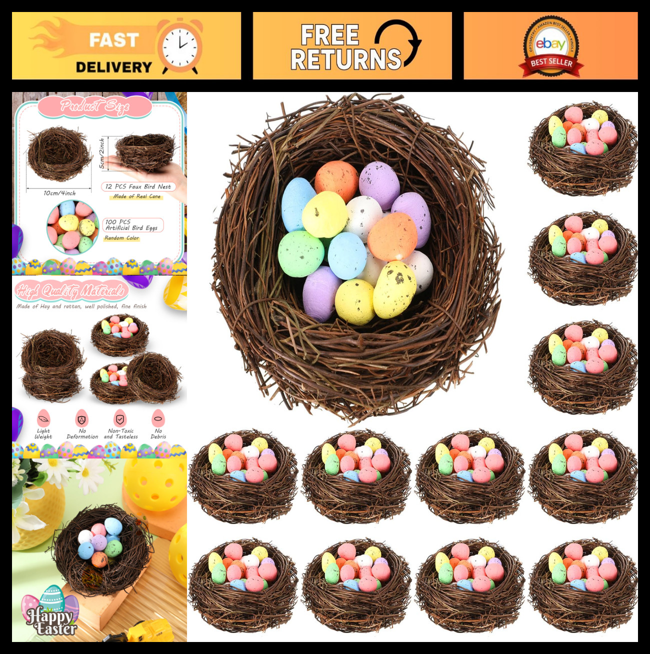 12 Pcs Mini Artificial Bird Nests with 100 Easter Eggs for Crafts & Decor