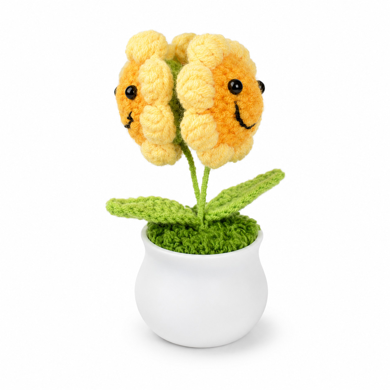 Twin Smiling Sunflower Crochet Mini Potted Desk Shelf Decor