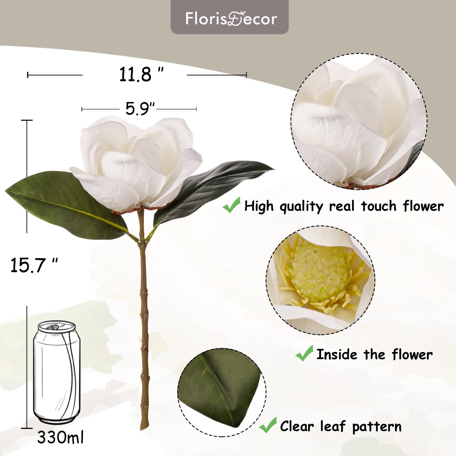 FlorisDecor 3 Stems Real Touch Creamy White Southern Magnolia 3 Stems,
