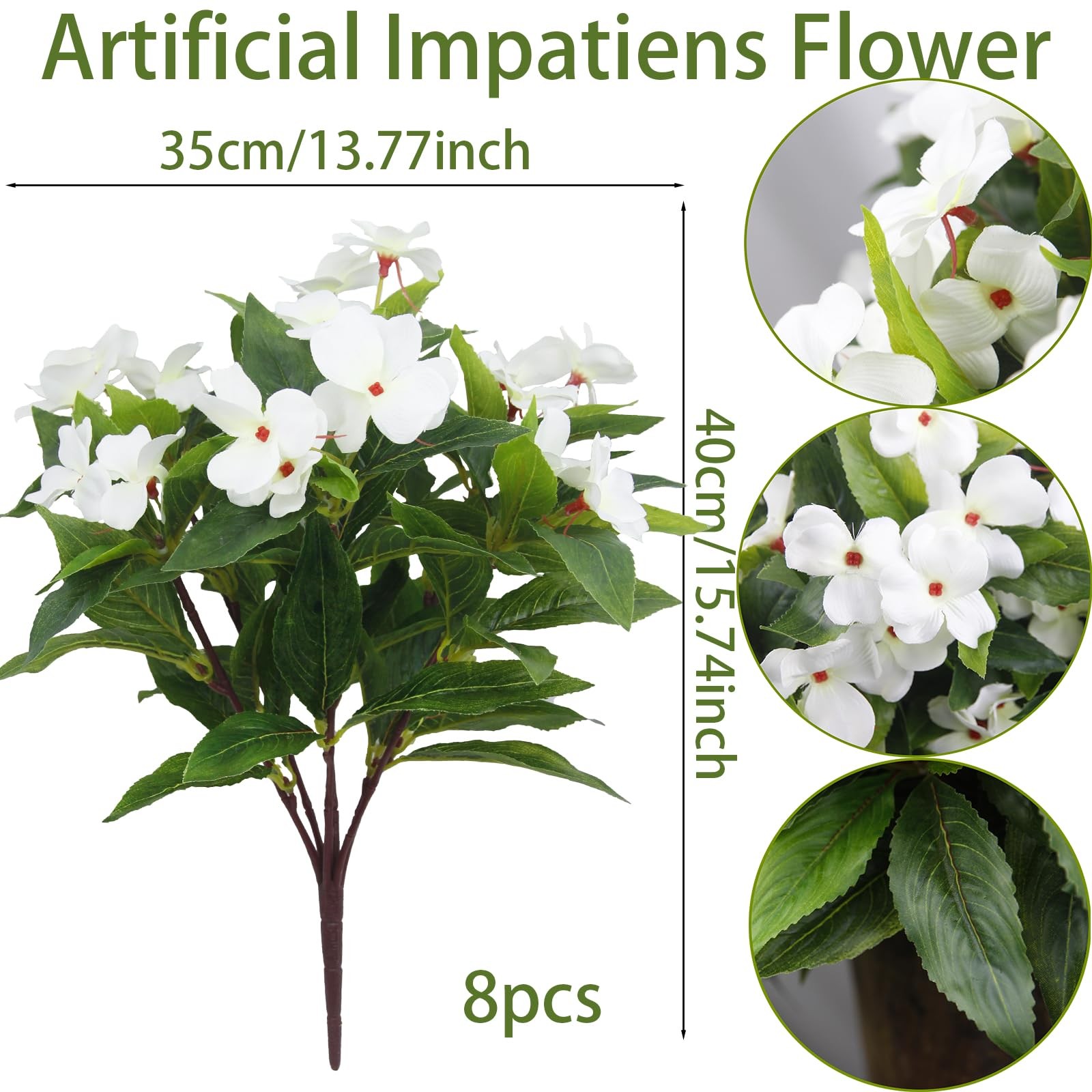 8 Pcs Artificial Impatiens Flowers for Outdoors Faux Impatiens Bushes White S…