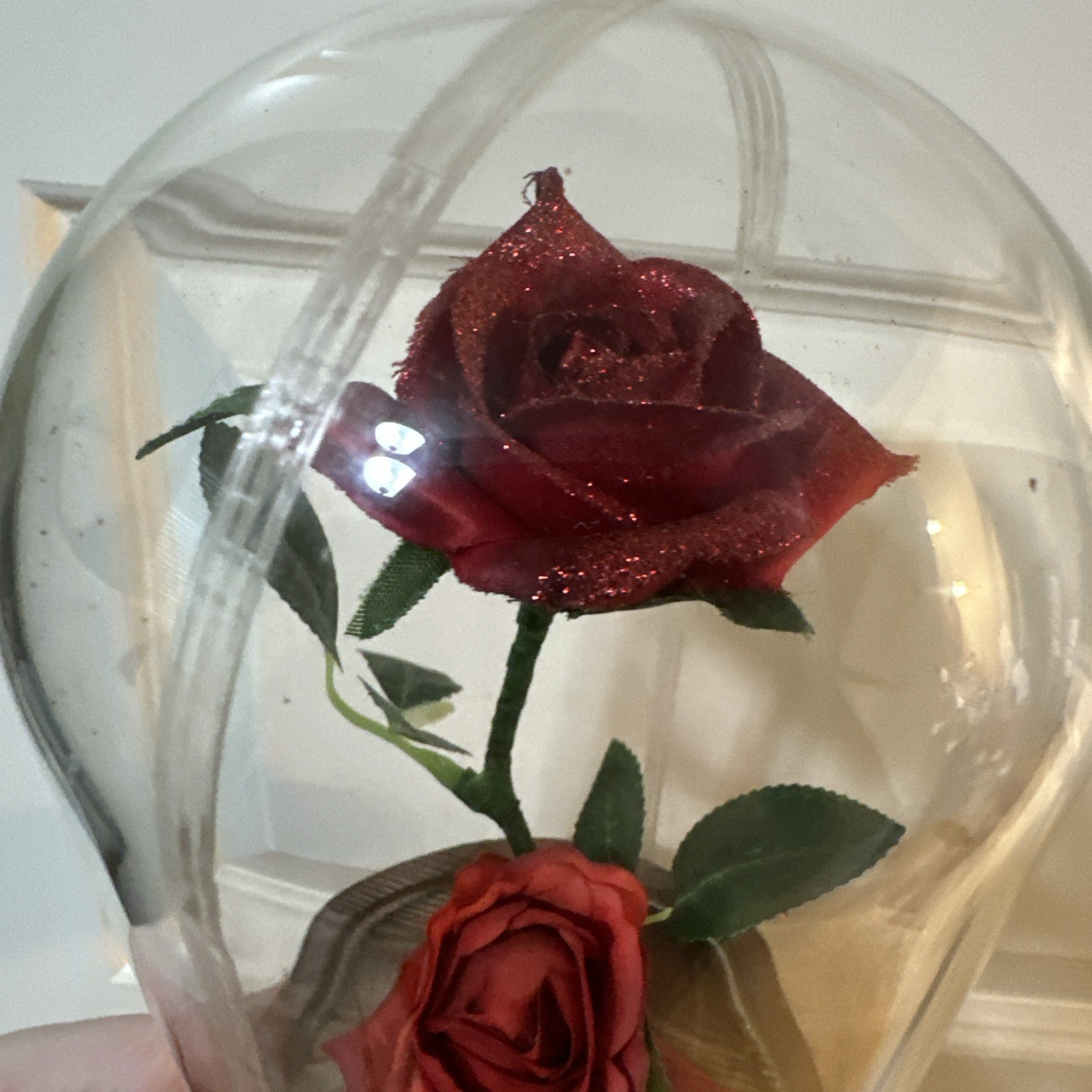 Rose In Glass Flower Dome Wood Base Pre-Drilled for Lights Beauty & The Beast