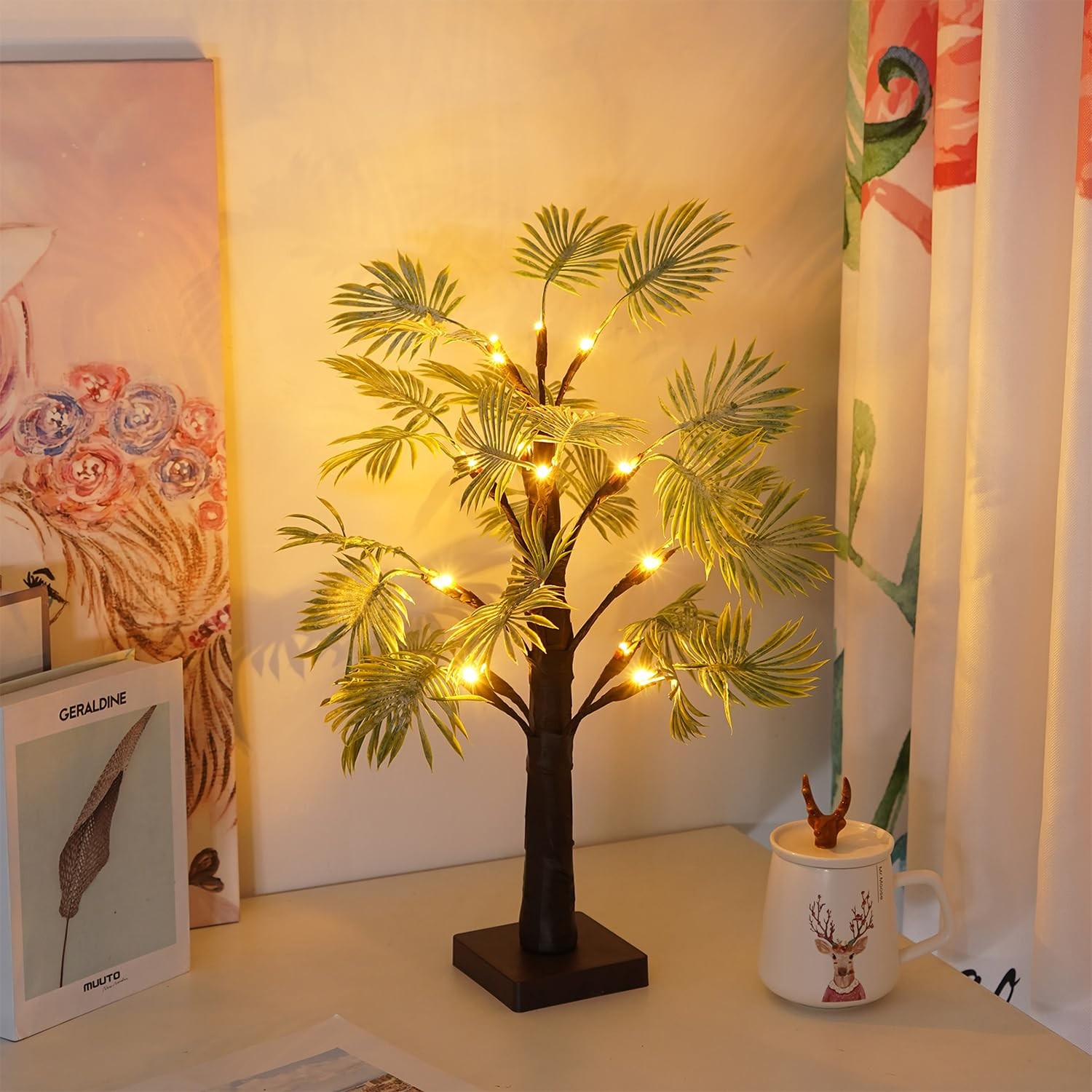 Lighted Trees for Indoor Decor, 24”2FT Lighted Palm Tree with LED Lights, Lighte