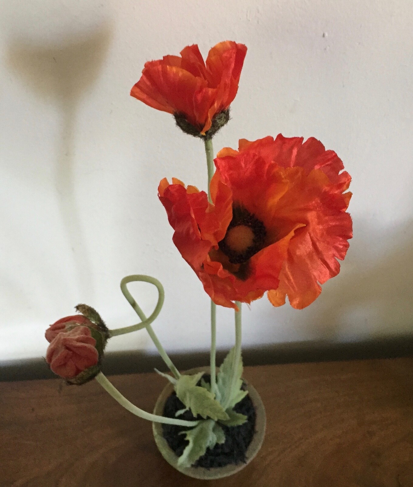 Vintage Fabric Flower or Artificial Plant in Terra Cotta Pot Red Poppy