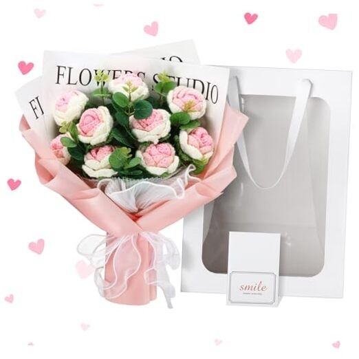 Valentine‘s Day LED Crochet Flowers Bouquet Light up Gradient White and Pink