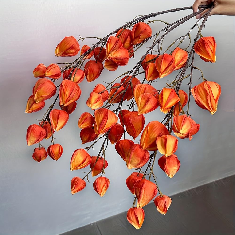 3Pcs Artificial Chinese Lantern Stems 38In Long Realistic Orange Red Silk Fau…