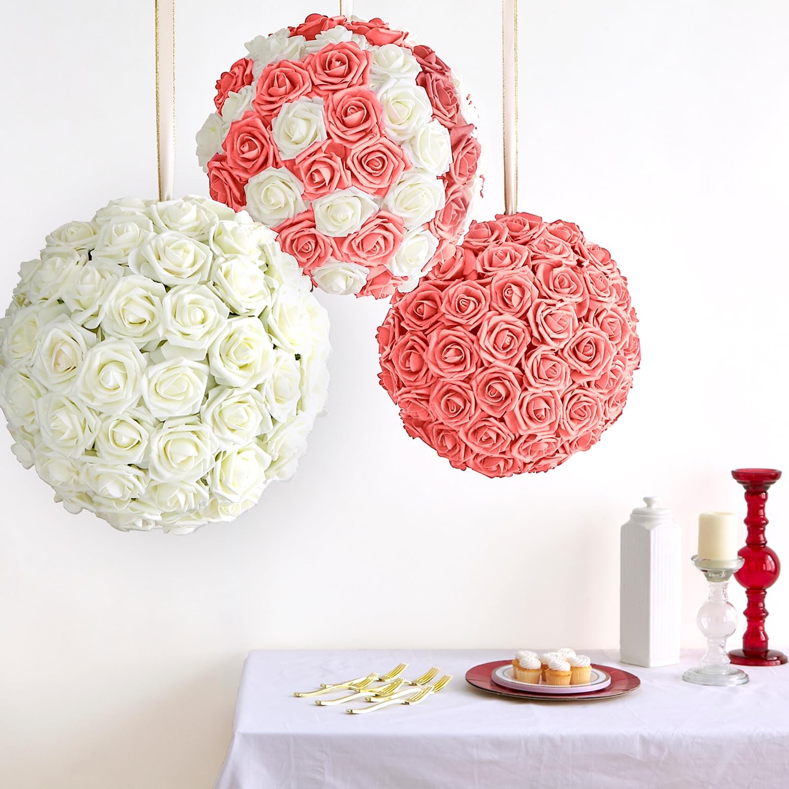 Artificial Peach Pink Foam Roses with Stems & Leaves – Pack of 50, Perfect fo…