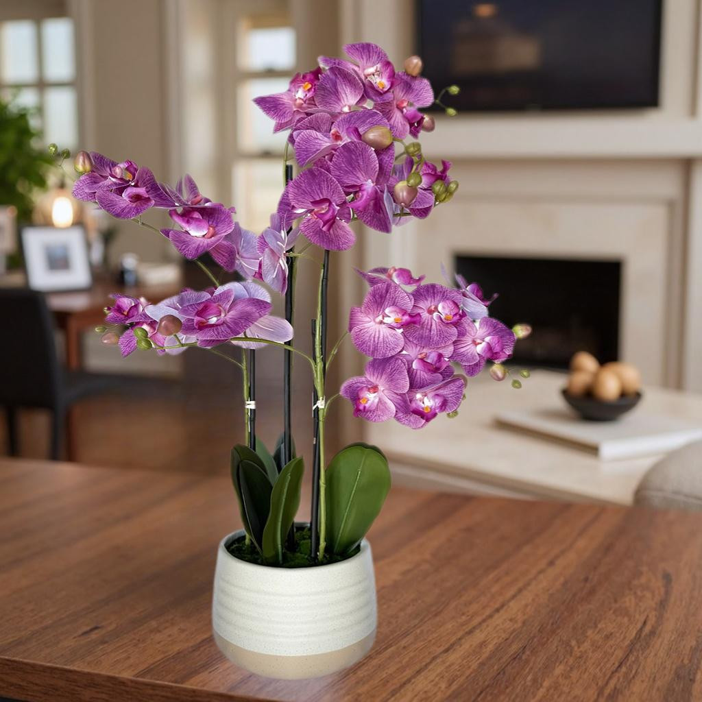 Faux Orchid Flower Arrangement Ceramic Pot Artificial Plant Home Decoration