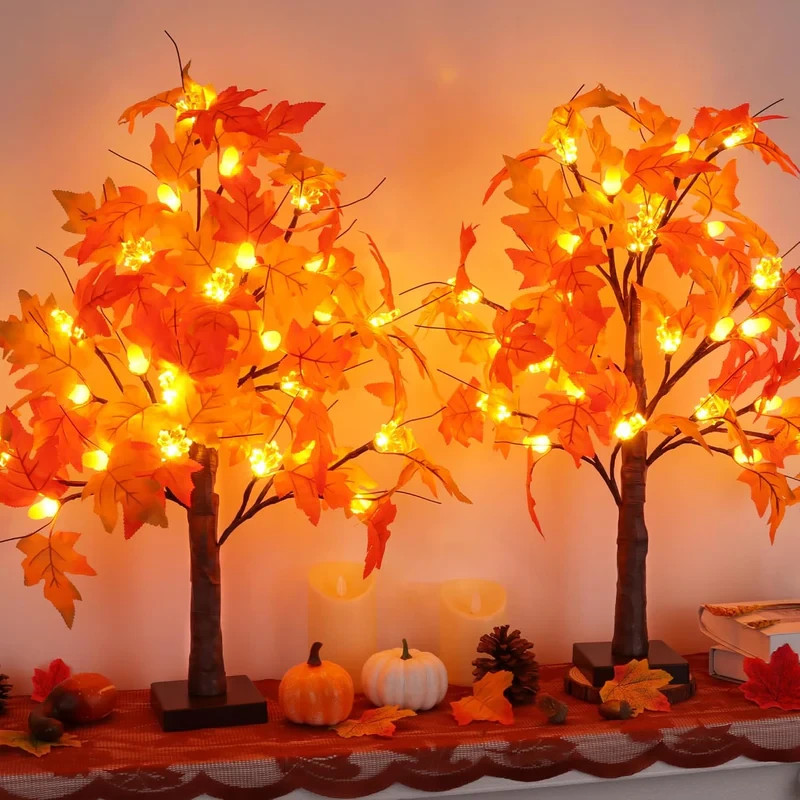 Fall Maple Tree with 48 LEDs Battery Operated Light Up Artificial Pumpkins Maple