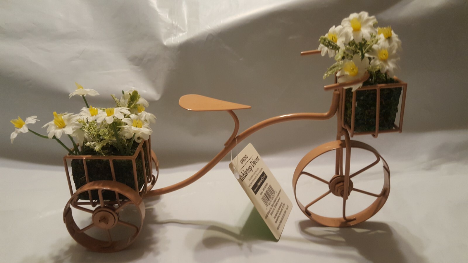 3 Celebrate Spring Bicycle Bike Tabletop Decor Pink Brown & White w/ Faux Flower