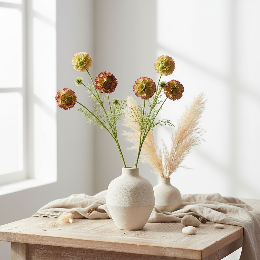 Artificial Scabiosa Flower Stems Green Blush Burgundy Faux Wildflower Cottage Fl
