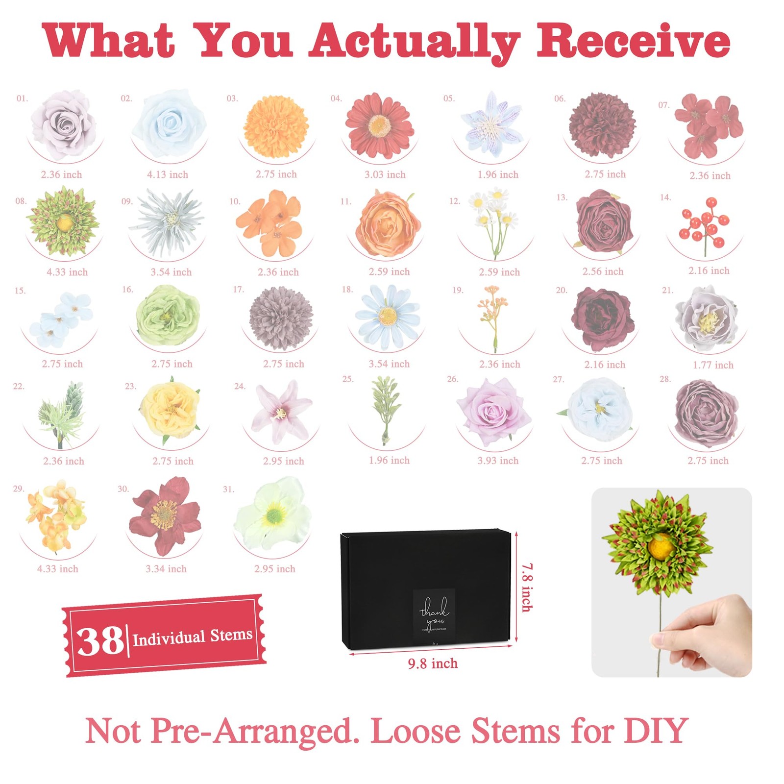 Artificial Flowers Combo Box, 38PCS Fake Flowers, Silk Flower Mix with Wire S…