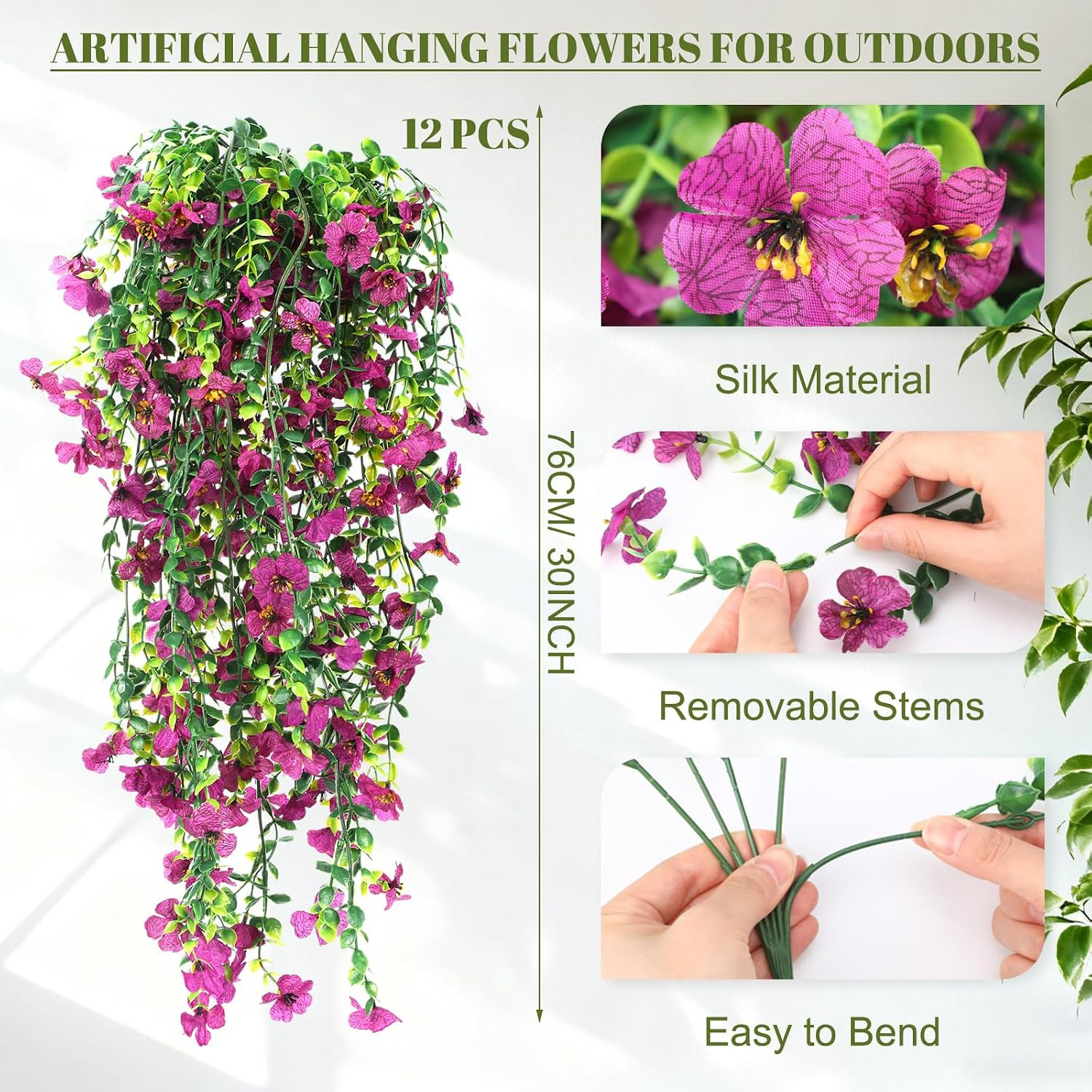 12 Pcs UV Resistant Artificial Hanging Flowers for Outdoor Spring Decor
