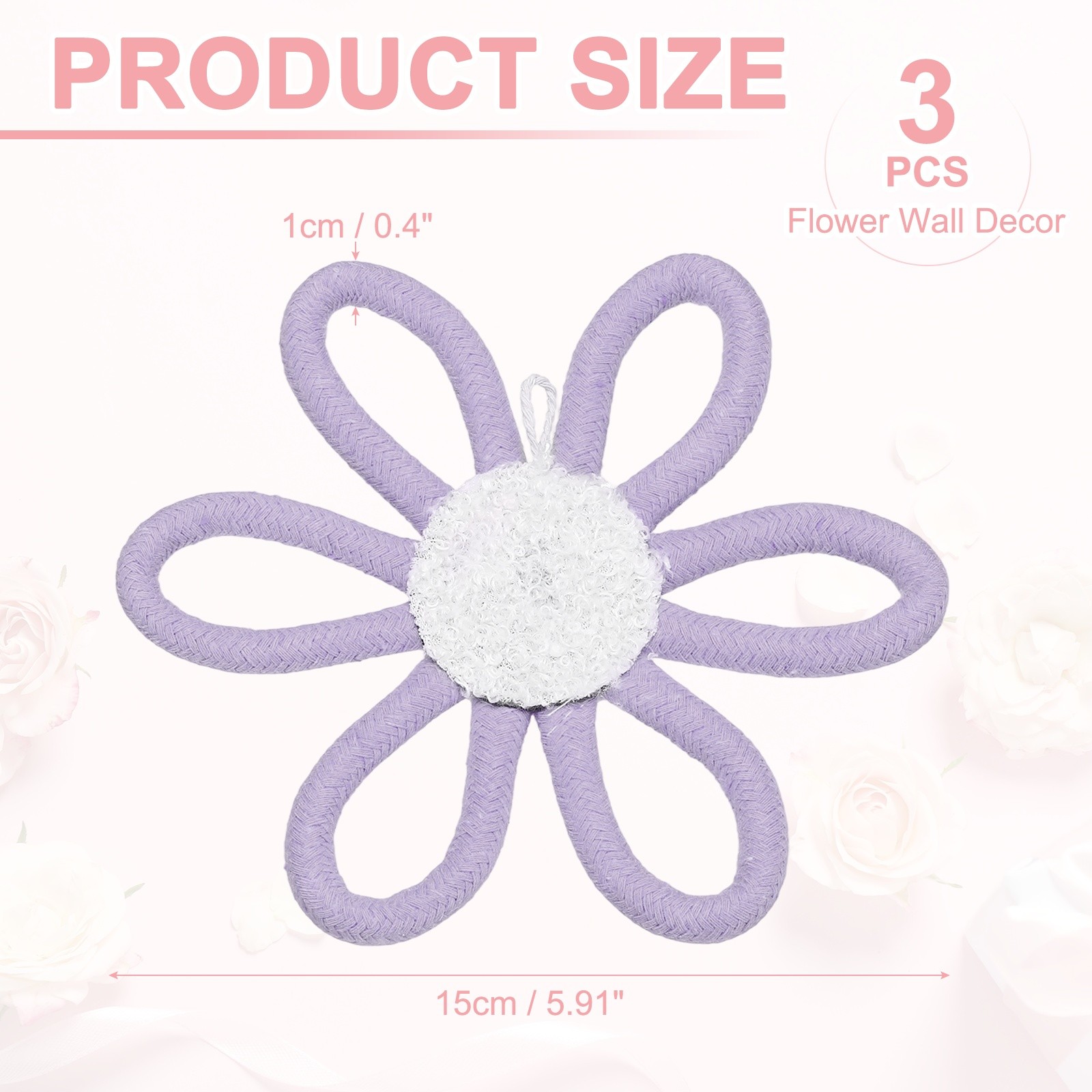 3Pcs Daisies Floral Wall Decor 6″ Flower Art Decor Woven Macrame Purple,
