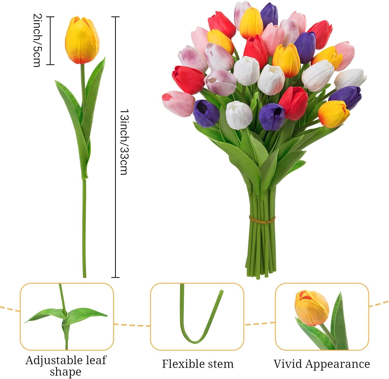 30 Pcs Multicolor Artificial Tulip Flowers Fake Tulips PU Real Multi Color