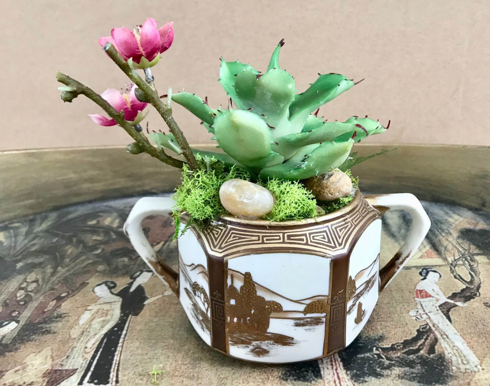 Antique Noritake Nippon Sugar Bowl Planter with Green Cactus and Purple Cherry B
