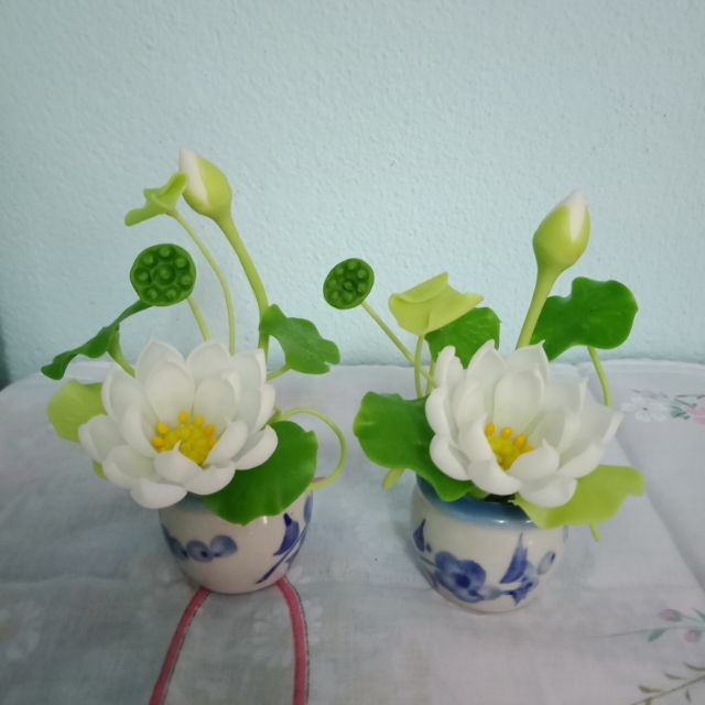3″ Thai Handmade Lotus Clay Flower Artificial Plant Miniature Worship White Pair