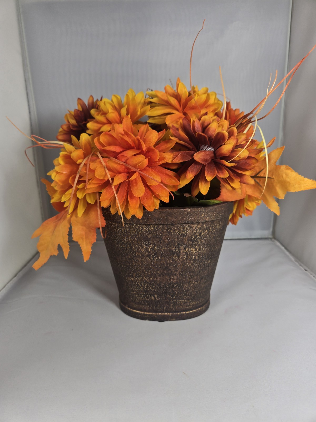 Fall Floral Decor Bouquet & Vase, Autumn Arrangement w/ Leaves Centerpiece