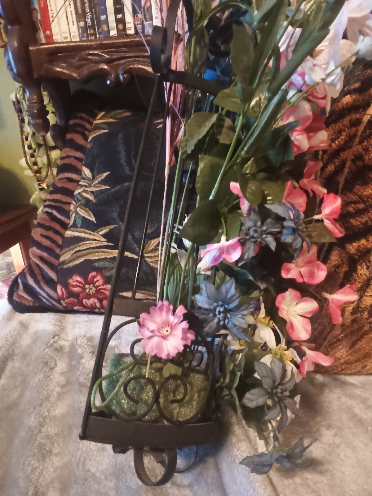 Large HODA black Iron metal half cage wall artificial flower arrangement.