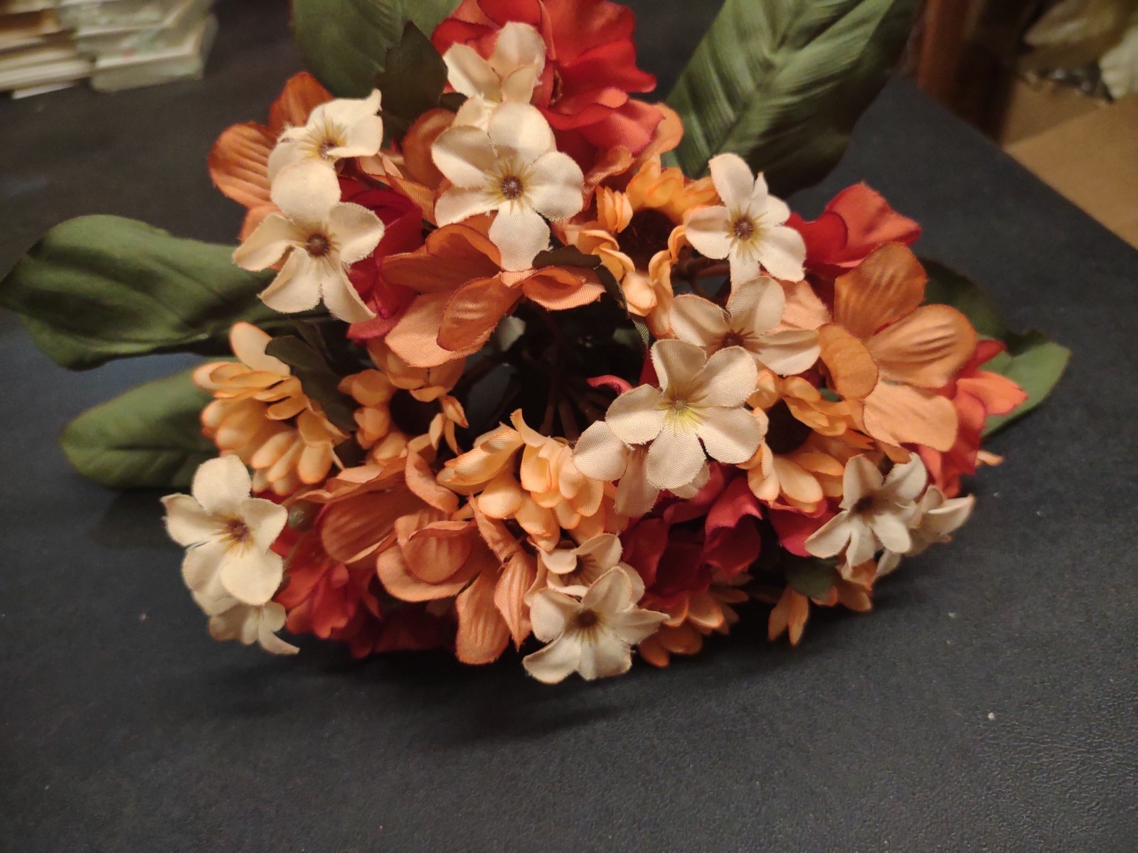 8.5″ Vintage Fall Silk Bouquet, 9 Stems Peach & Persimmon Orange Earthtone Daisy