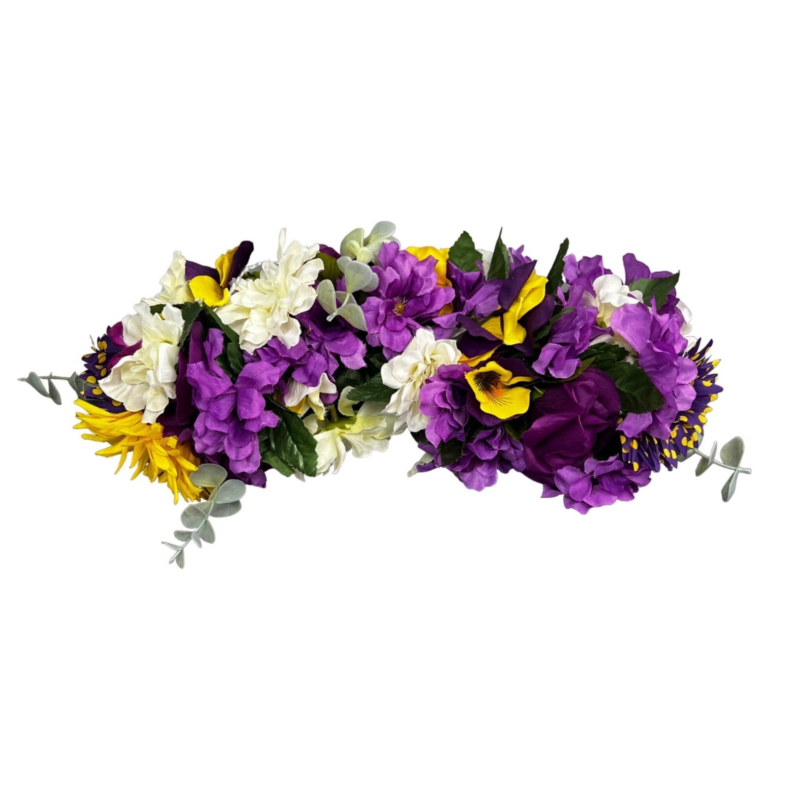 Floral Swag Purple Yellow White Green Faux Flowers Arch Curved Wood Sign Wedding
