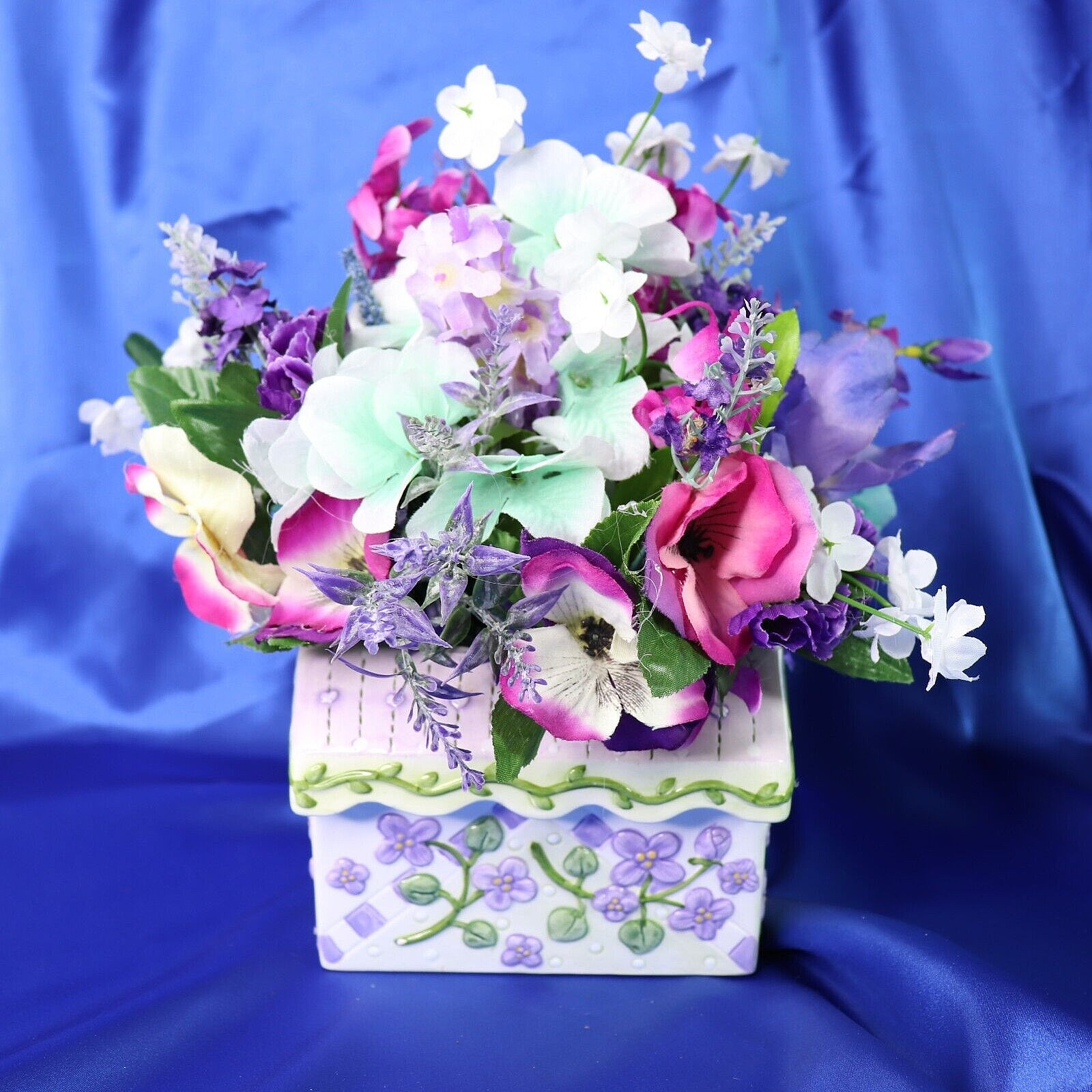 Cute Ceramic Birdhouse Flower Arrangement Purple Fuchsia Green White Blue