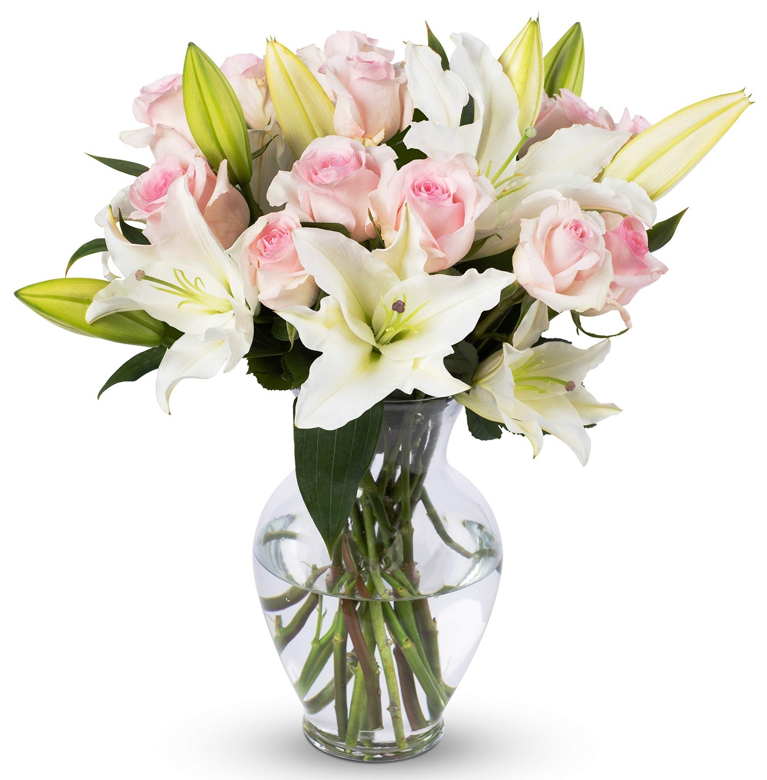 Light Pink Roses & White Oriental Lilies in Vase | Fresh Cut Flower Bouquet
