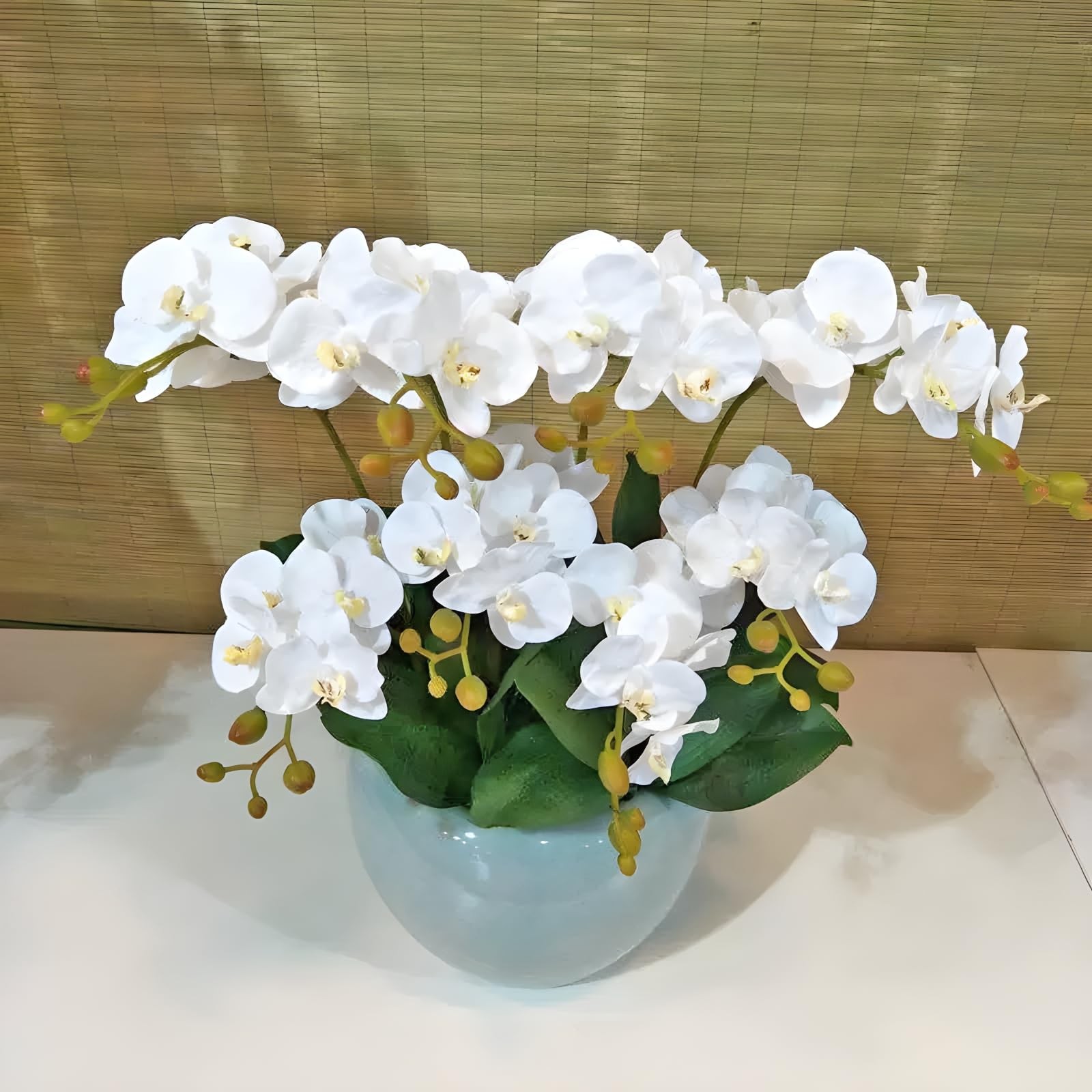 2 Branches Artificial White Phaleanopsis Flowers Faux Orchids Stems Leaves Pl…