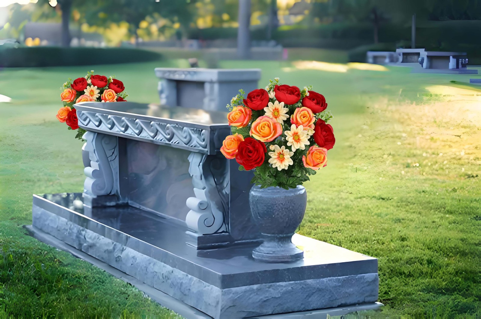 Hollyone Set of 2 Artificial Cemetery Flower for Graves Red Orange Cemetery M…