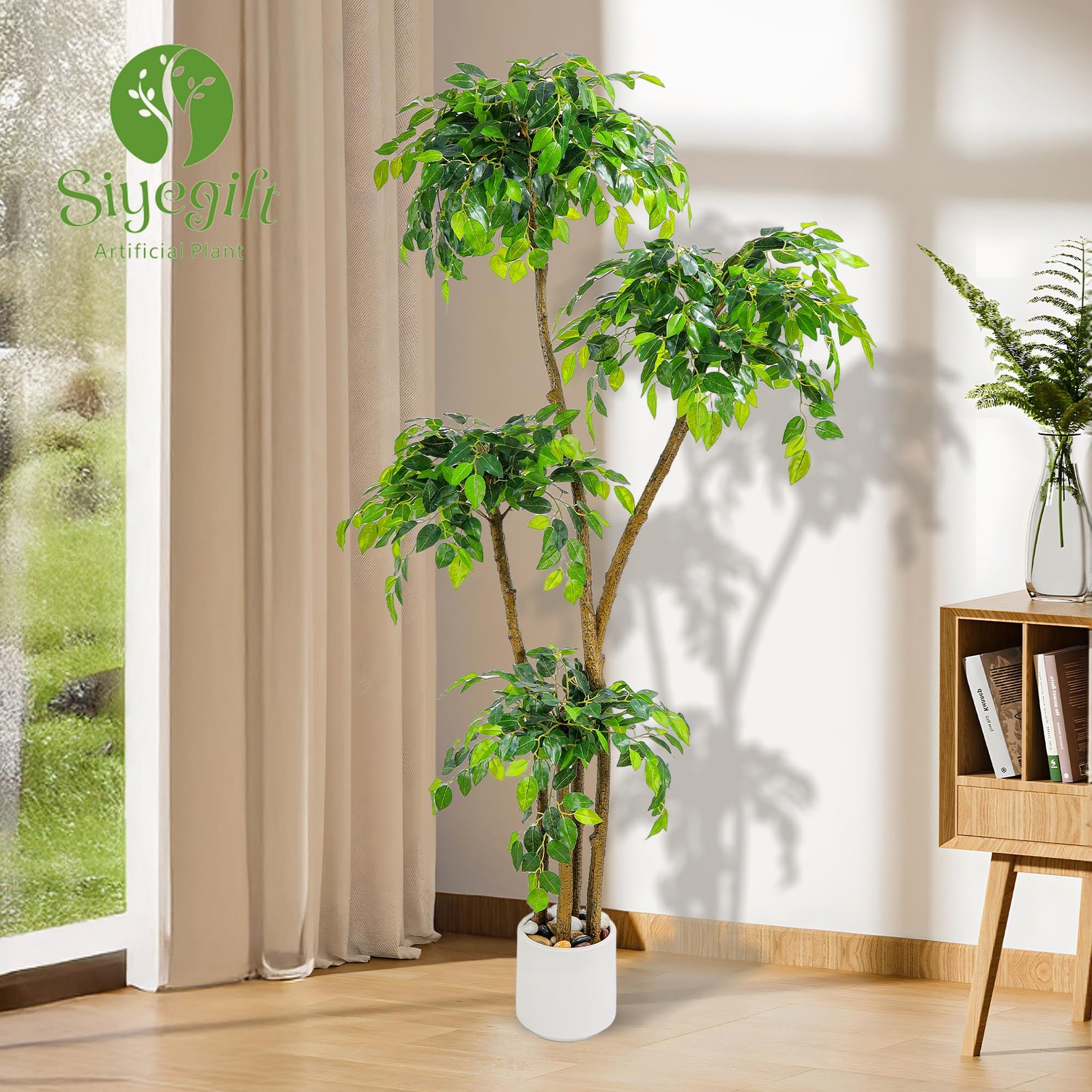 6FT Artificial Ficus Tree with White Planter and Pebbles,Faux Silk 6ft, Green