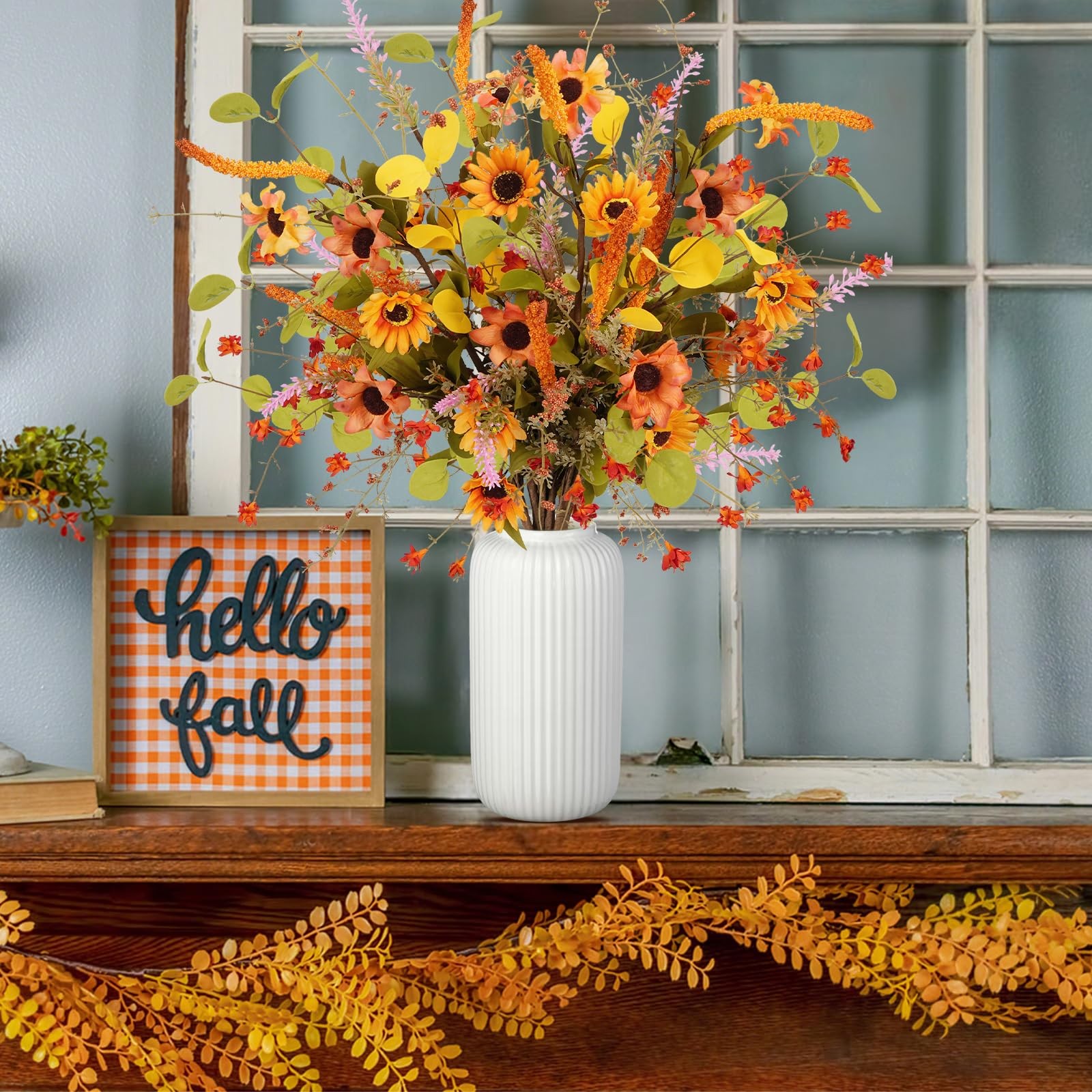 23 Inch Artificial Fall Flowers Fake Sunflower Orange Faux Flowers with Laven…
