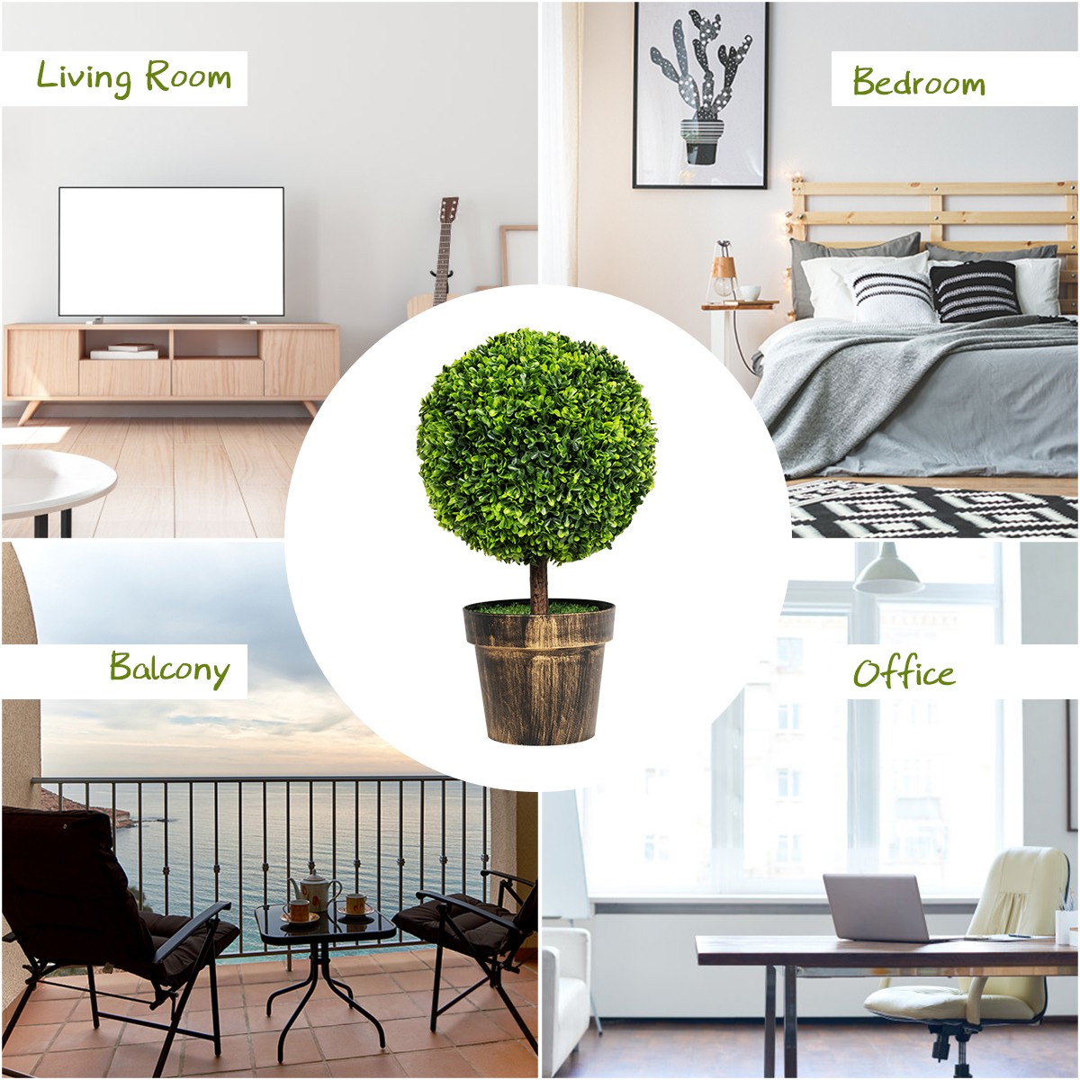 2PCS 22″ Round Artificial Boxwood Topiary Tree Home Office Outdoor Decorations