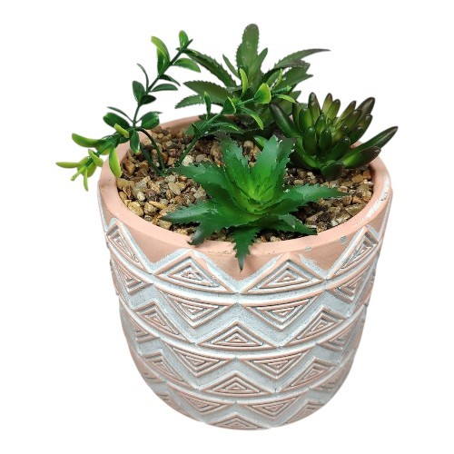 Modern Coastal Geometric Tribal Pattern Planter Pot w/ Faux Succulent Mix Peach