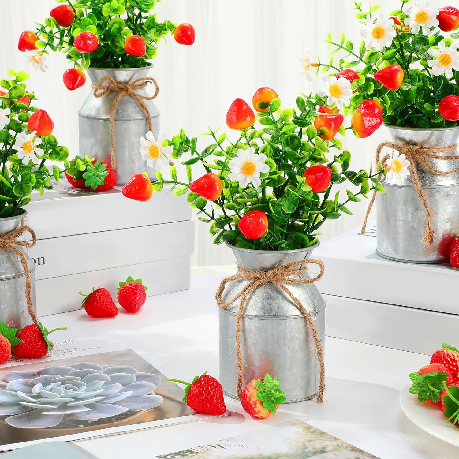 Summer Strawberry Centerpieces – 12 Sets with Vases for Home & Party Decor