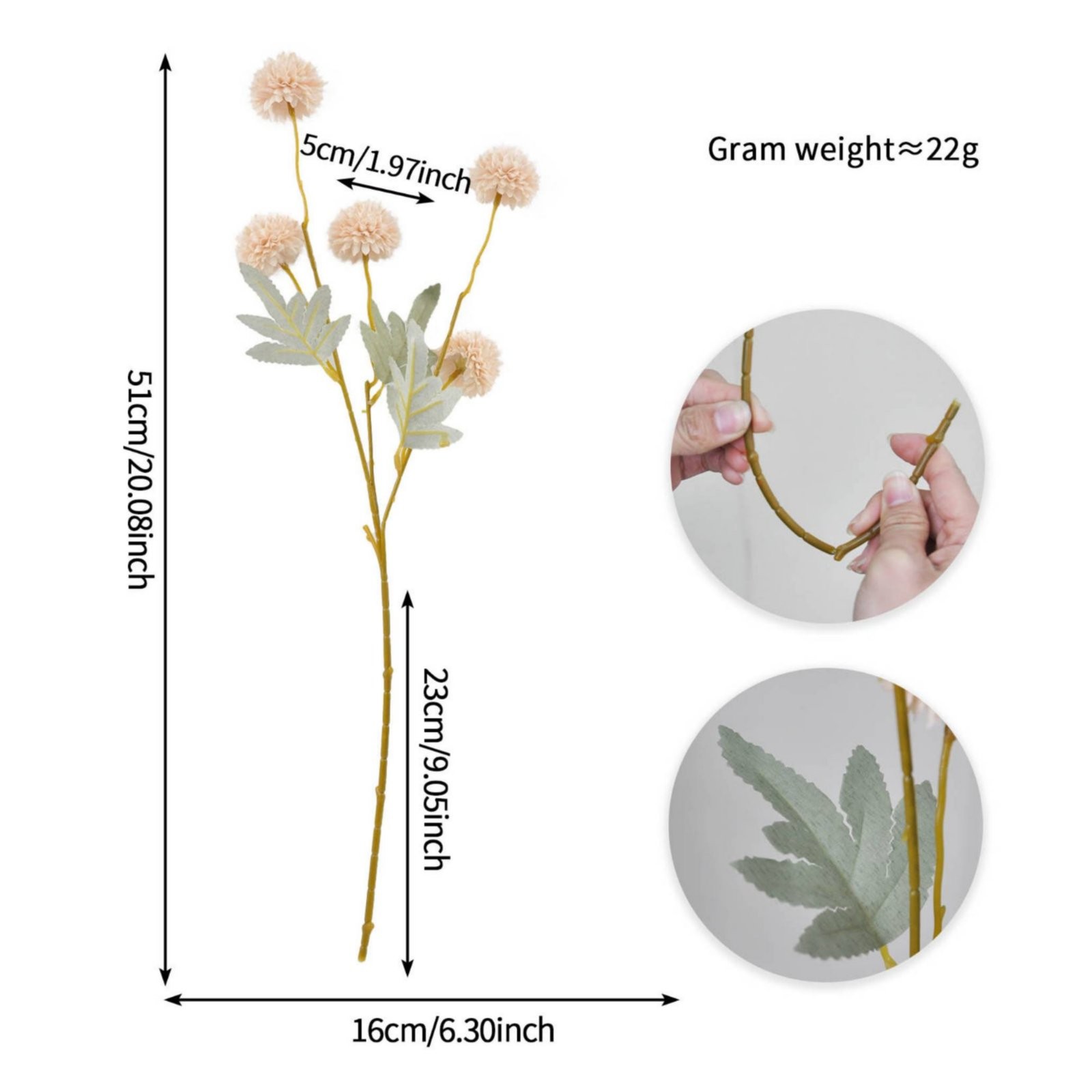 5-Head Chrysanthemum Spray Flexible Stems Artificial Puffball Stem