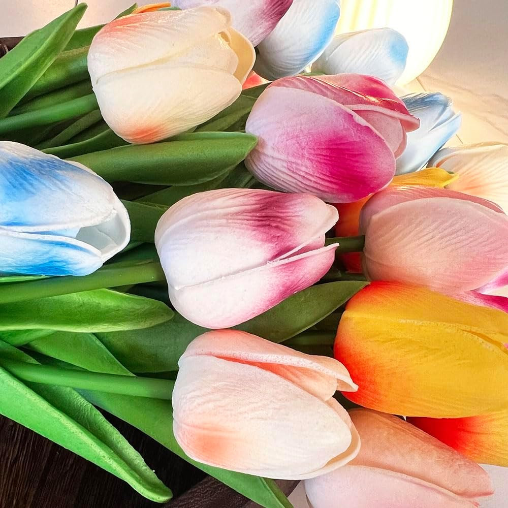 24PCS PU Artificial Tulips Fake Flowers for Wedding Bouquets Real Touch Latex T