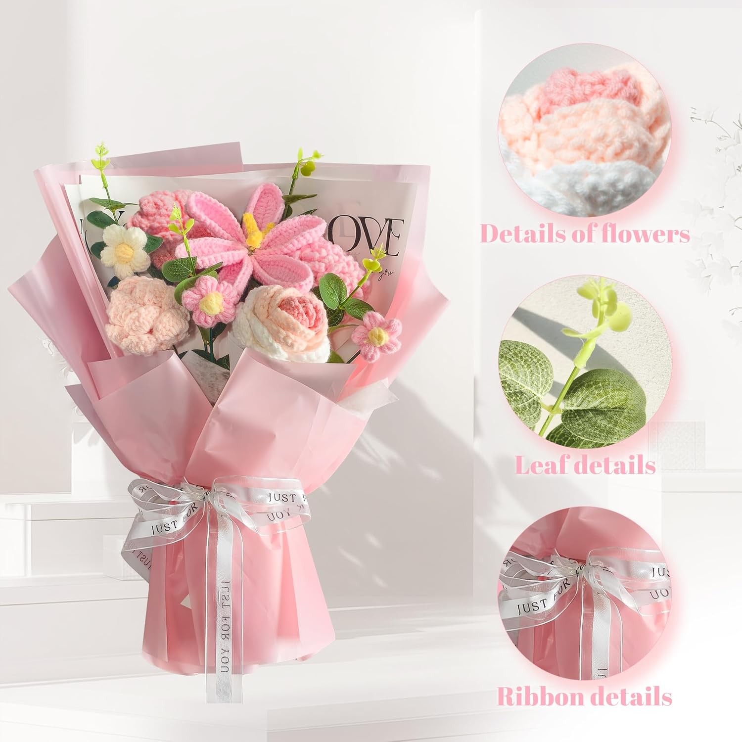 Crochet Flowers Bouquet 8PCS, Handmade Knitted Artificial Crochet Flower Gifts –