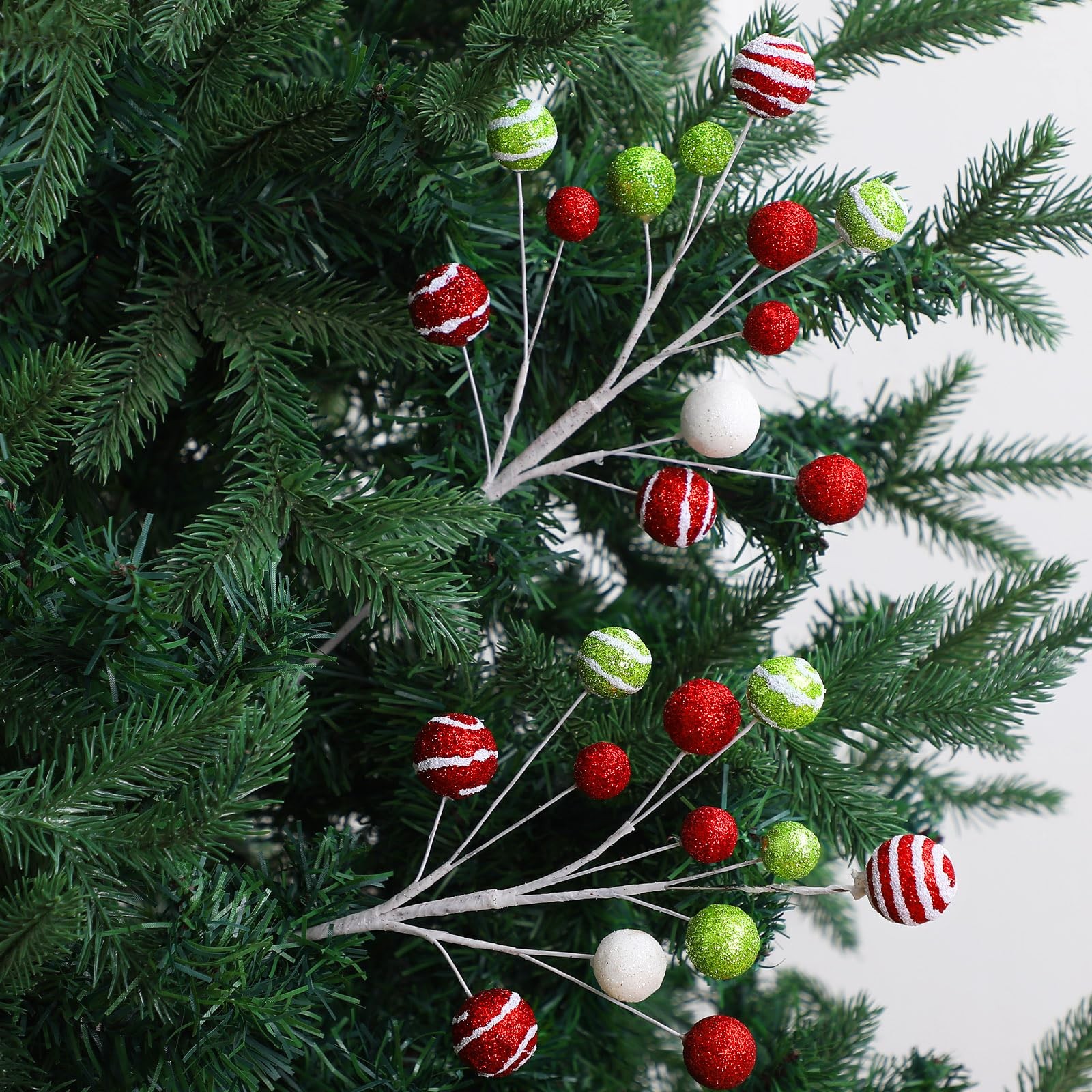10 PCS 15 Inch Christmas Glitter Ball Picks Candy Tree Topper Striped