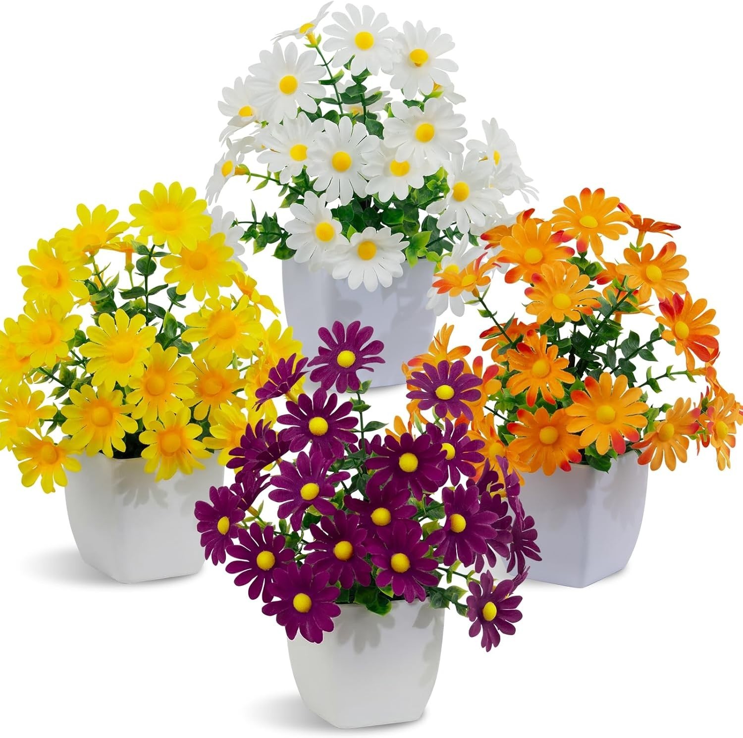 4 Pack Small Artificial Mums Flowers in White Pots, Fake Mini Potted Plants, …