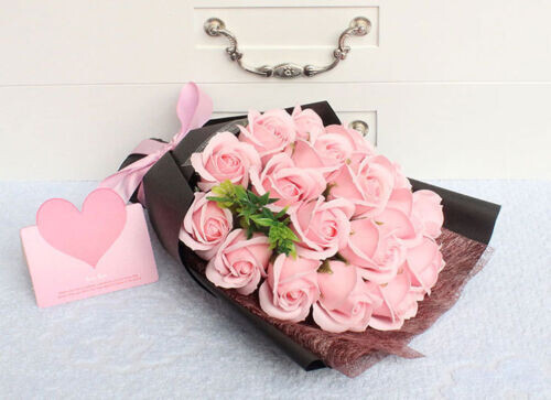 18 Pcs Eternal Baby Pink Rose Soap Flower Bouquet Valentine Girlfriend Wife Gift
