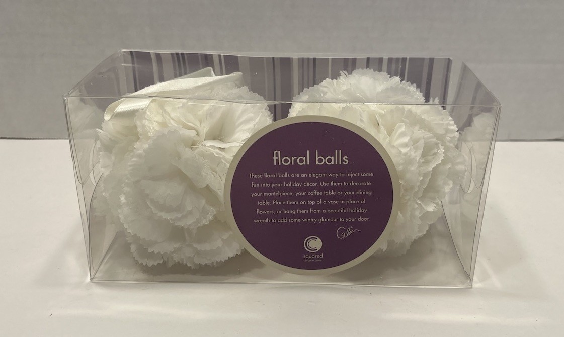 Squared By Colin Cowie Decorative White Floral Balls With Ribbon Hanger NOS