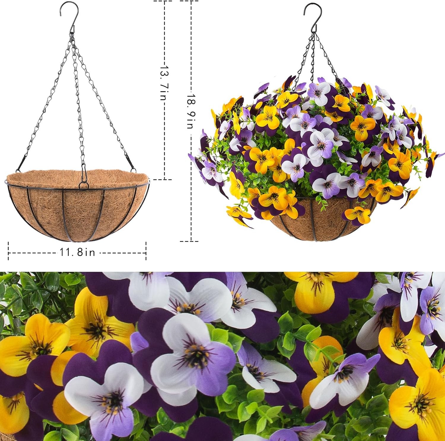 2 Set Artificial Outdoor Pansy Flowers W/ Hanging Baskets 2 Hanging Baskets W/