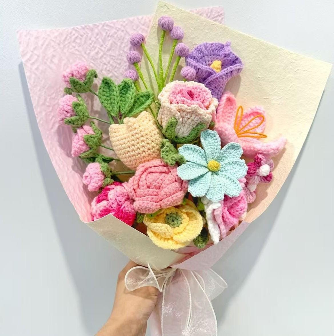 Crochet Flower Bouquet Romantic Pink Rose Tulip Gift Handmade Yarn Flowers