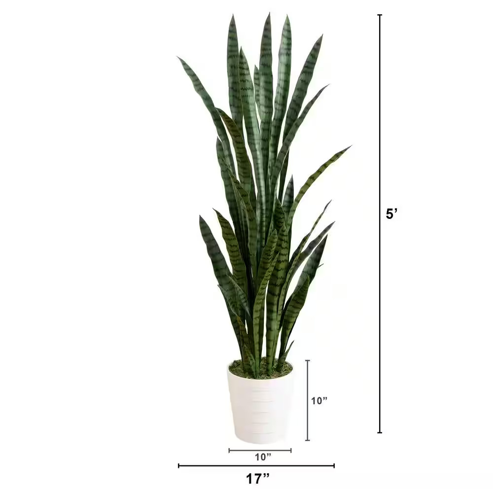 5 Ft. UV Resistant Artificial Sansevieria Plant in White Decorative Planter (Ind
