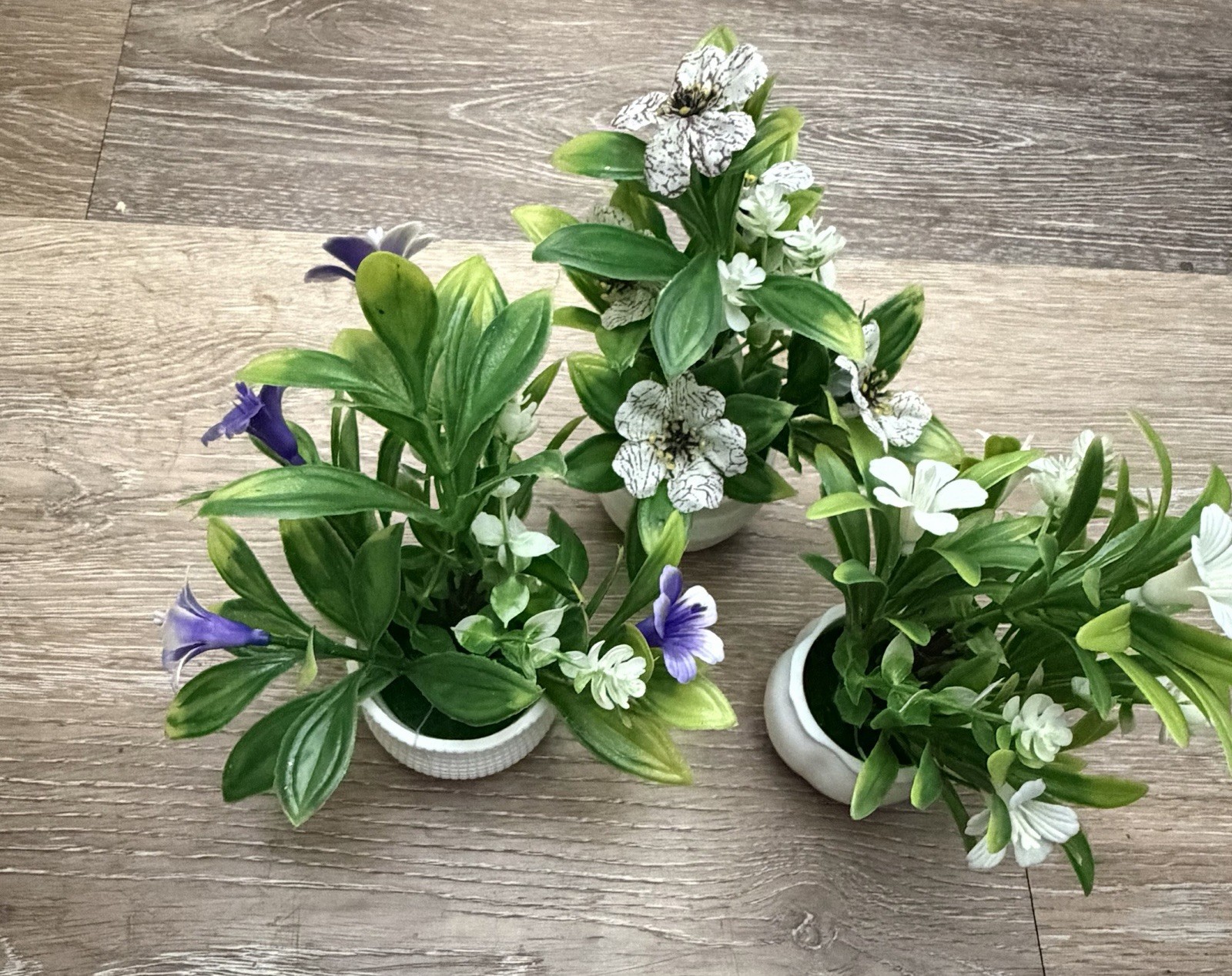 Set of 3 Artificial Flower & Greenery Plants in White Pots – Home Décor (SKU 001