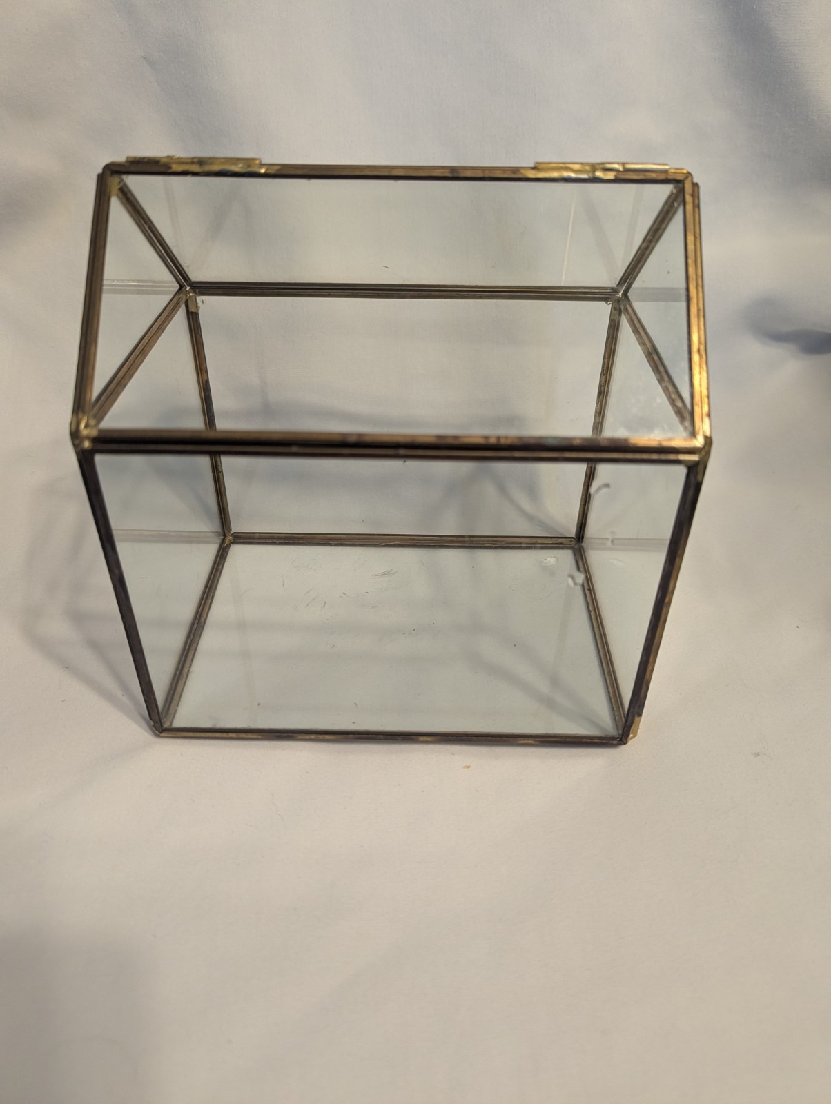 Small house shaped metal and glass terrarium