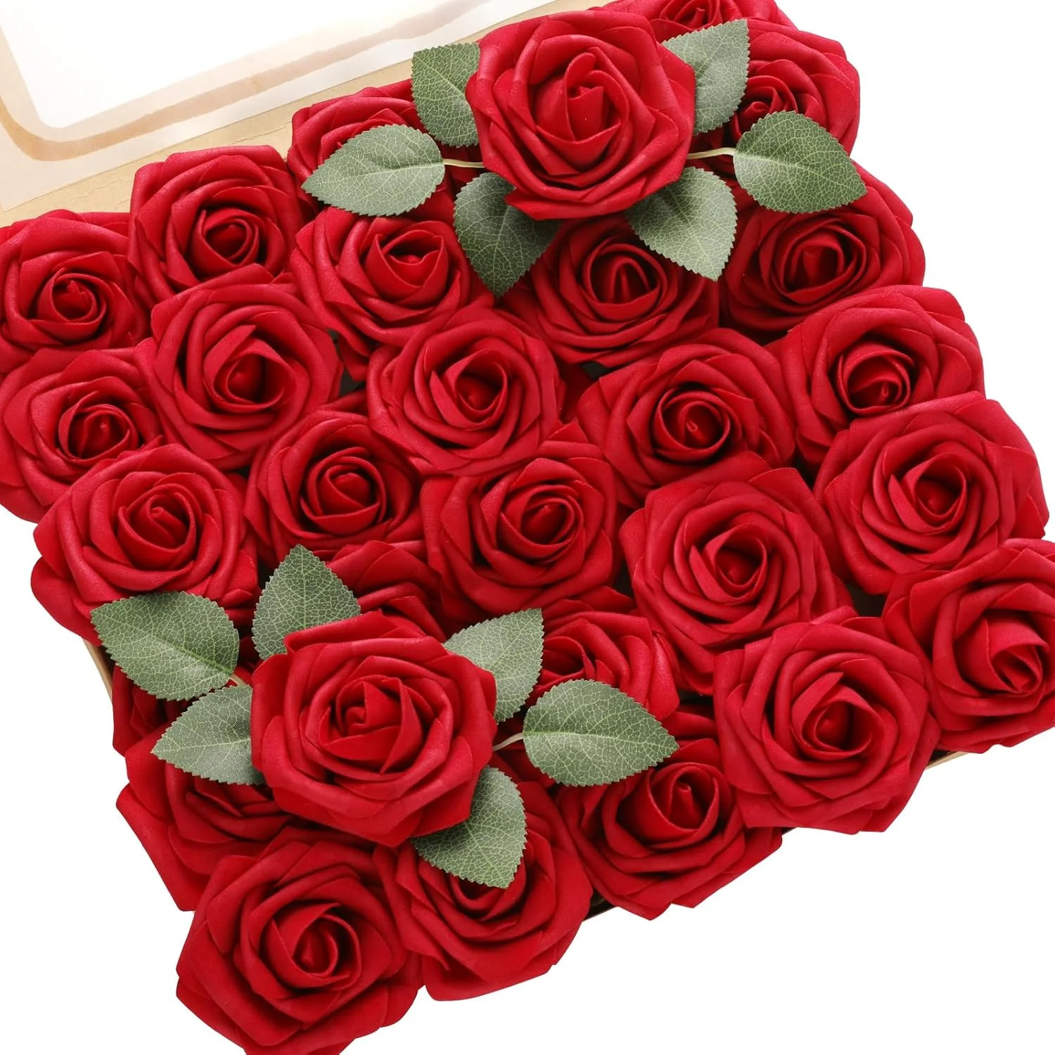 DerBlue 60pcs Artificial Roses Flowers with stem and 10pcs Green Leaves Real Loo