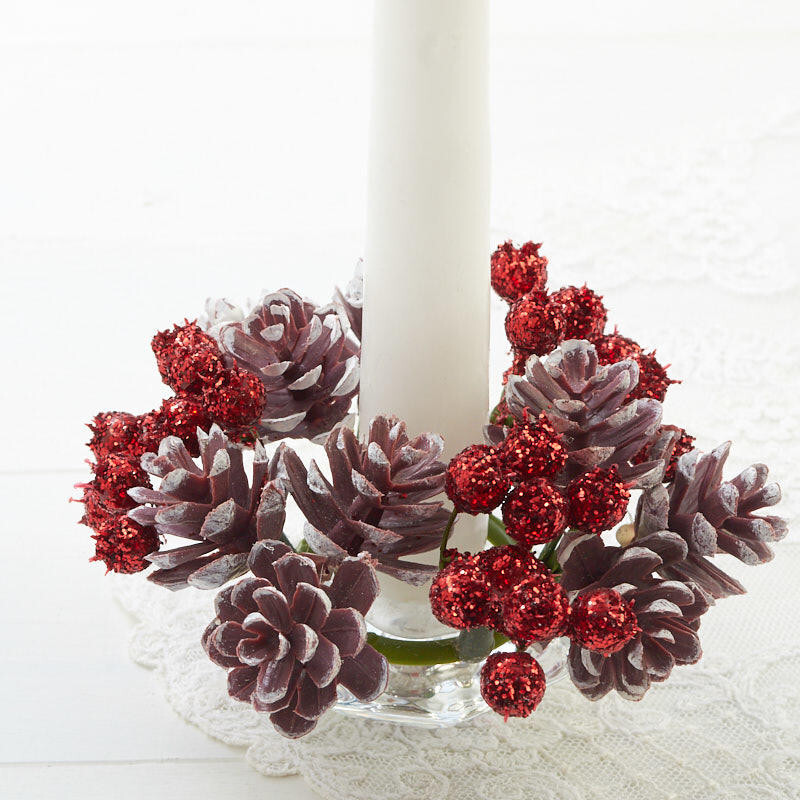 Set of 6 Red Glittered Artificial Berry and Pinecone Candle Rings